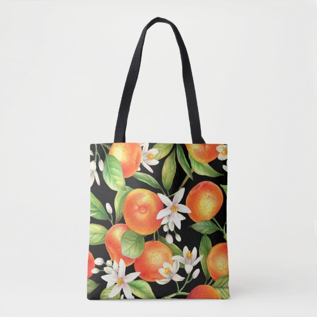 Seamless pattern with orange fruits, flowers and l tote bag (Front)