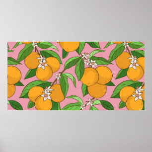 Seamless pattern with oranges,leaves,white flowers poster