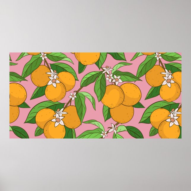 Seamless pattern with oranges,leaves,white flowers poster (Front)