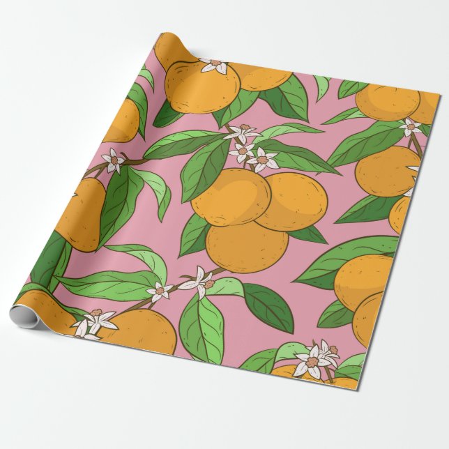 Seamless pattern with oranges,leaves,white flowers wrapping paper (Unrolled)