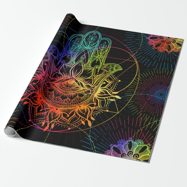 Seamless pattern with ornate hand drawn hamsa. Pop Wrapping Paper (Unrolled)