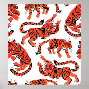 Seamless pattern with painted in gouache tigers in poster