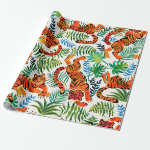 Seamless pattern with painted in watercolor tigers wrapping paper