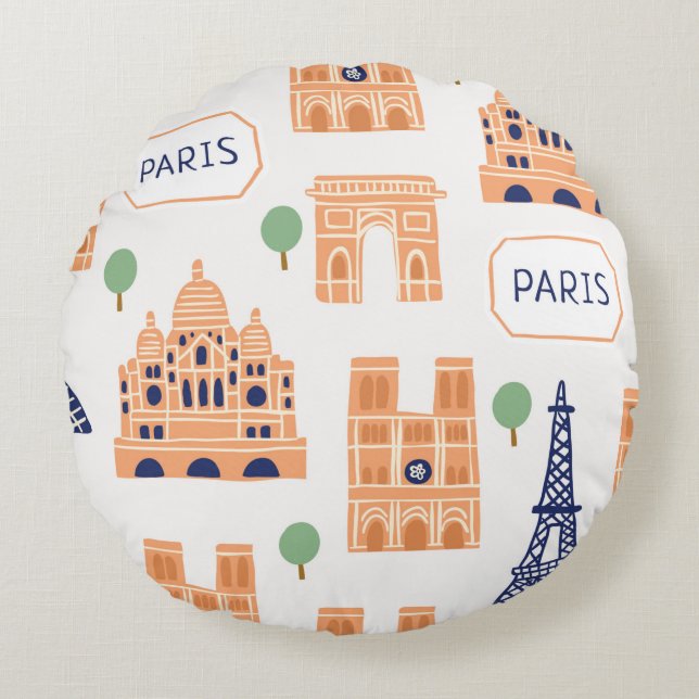 Seamless pattern with Parisian landmarks paris sig Round Pillow (Front)