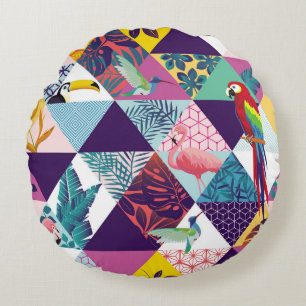 seamless pattern with Parrot, Toucans, Hummingbird Round Pillow