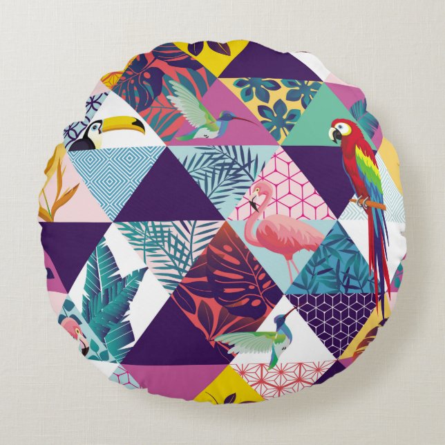 seamless pattern with Parrot, Toucans, Hummingbird Round Pillow (Front)