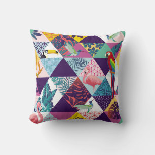 seamless pattern with Parrot, Toucans, Hummingbird Throw Pillow
