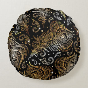 Seamless pattern with peacock feathers. Freehand d Round Pillow