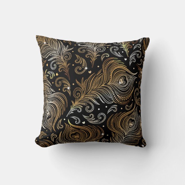 Seamless pattern with peacock feathers. Freehand d Throw Pillow (Front)