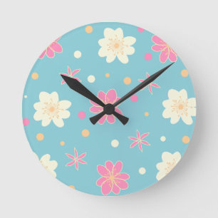 seamless pattern with pink and white flowers round clock
