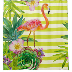  seamless pattern with pink flamingo and exotic tr