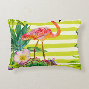  seamless pattern with pink flamingo and exotic tr accent pillow