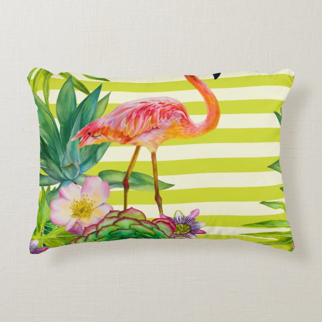  seamless pattern with pink flamingo and exotic tr accent pillow (Front)