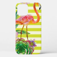  seamless pattern with pink flamingo and exotic tr