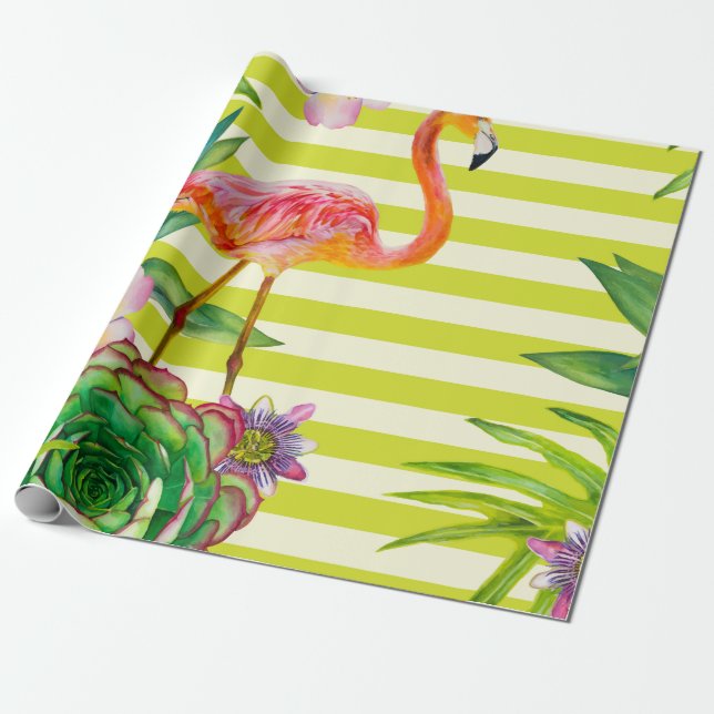  seamless pattern with pink flamingo and exotic tr wrapping paper (Unrolled)