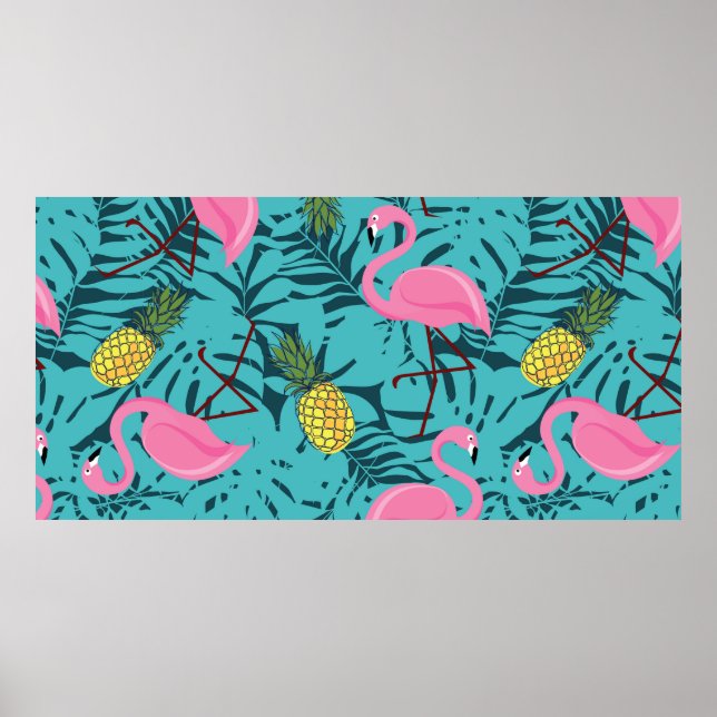 Seamless pattern with pink flamingos and green pal poster (Front)