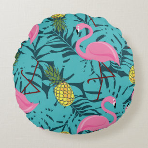 Seamless pattern with pink flamingos and green pal round pillow