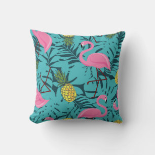 Seamless pattern with pink flamingos and green pal throw pillow
