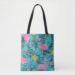 Seamless pattern with pink flamingos and green pal tote bag