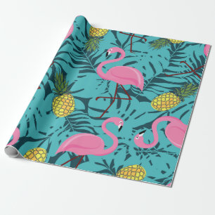 Seamless pattern with pink flamingos and green pal wrapping paper