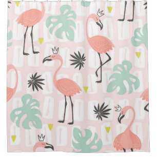 Seamless pattern with pink flamingos and palm leav