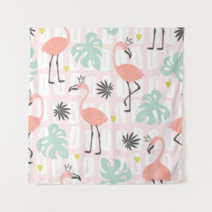 Seamless pattern with pink flamingos and palm leav tapestry