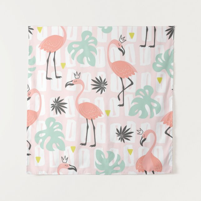 Seamless pattern with pink flamingos and palm leav tapestry (Front)