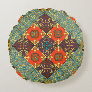 Seamless pattern with portuguese tiles in talavera round pillow