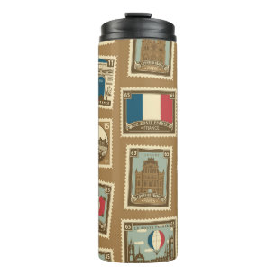  seamless pattern with postage stamps on theme of  thermal tumbler