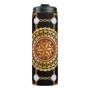 Seamless pattern with precious stone gold chains a thermal tumbler