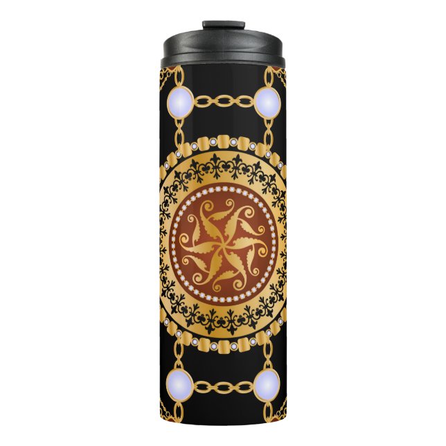 Seamless pattern with precious stone gold chains a thermal tumbler (Front)