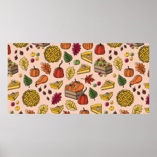 Seamless pattern with pumpkin pie, apple pie, and  poster