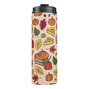 Seamless pattern with pumpkin pie, apple pie, and thermal tumbler