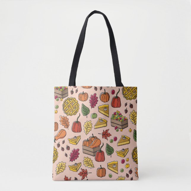 Seamless pattern with pumpkin pie, apple pie, and  tote bag (Front)