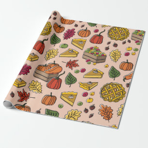 Seamless pattern with pumpkin pie, apple pie, and wrapping paper