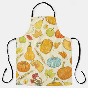 Seamless pattern with pumpkins, autumn leaves, app apron