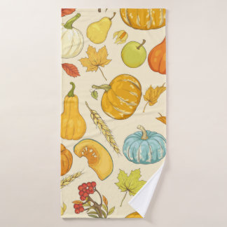 Seamless pattern with pumpkins, autumn leaves, app bath towel