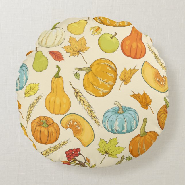 Seamless pattern with pumpkins, autumn leaves, app round pillow (Front)