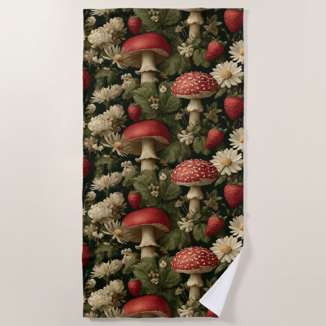 Seamless Pattern with Red Fly Agaric and Flowers Beach Towel (Front)