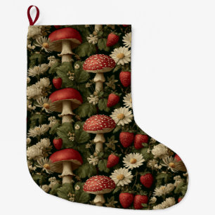 Seamless Pattern with Red Fly Agaric and Flowers Large Christmas Stocking