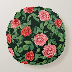 Seamless pattern with red roses flowers. Coloured Round Pillow