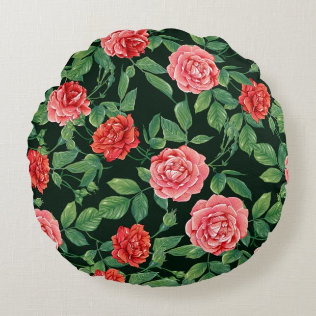 Seamless pattern with red roses flowers. Coloured  Round Pillow (Front)