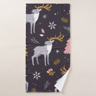 seamless pattern with reindeer, fir trees and sno bath towel