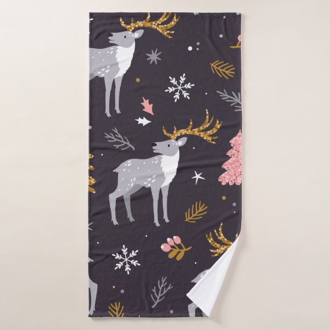  seamless pattern with reindeer, fir trees and sno bath towel (Bath Towel)