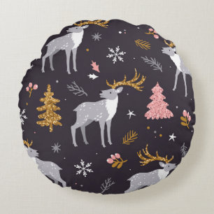 seamless pattern with reindeer, fir trees and sno round pillow