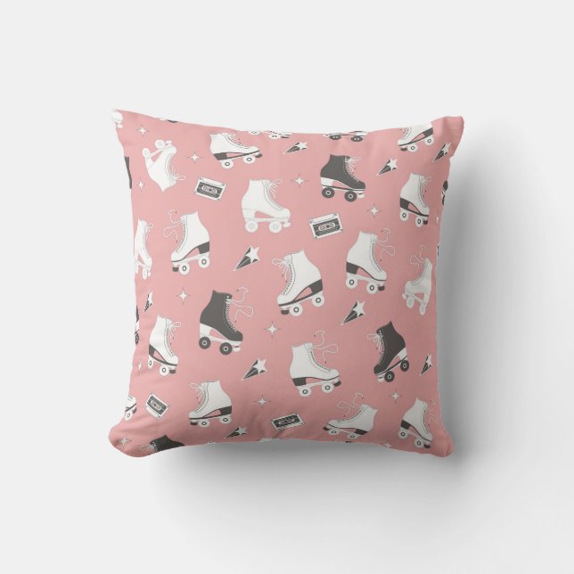 Seamless pattern with roller skates and cassette t throw pillow (Front)