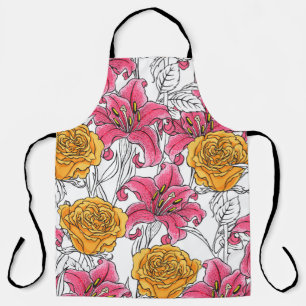 Seamless pattern with roses and lilies. Hand drawn Apron