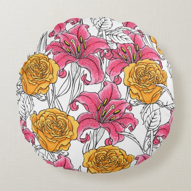 Seamless pattern with roses and lilies. Hand drawn Round Pillow (Front)
