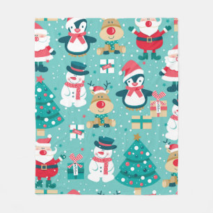 Seamless pattern with Santa Claus, snowman, deer, Fleece Blanket