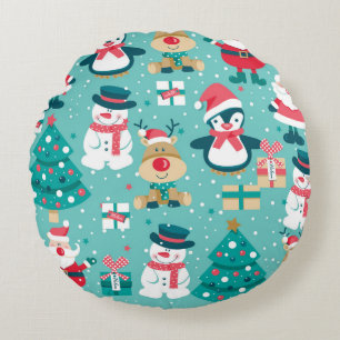 Seamless pattern with Santa Claus, snowman, deer,  Round Pillow